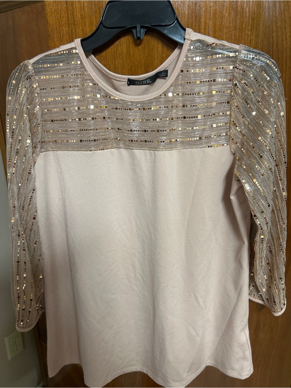 Blush Sequin Mesh Sleeve Women's Top